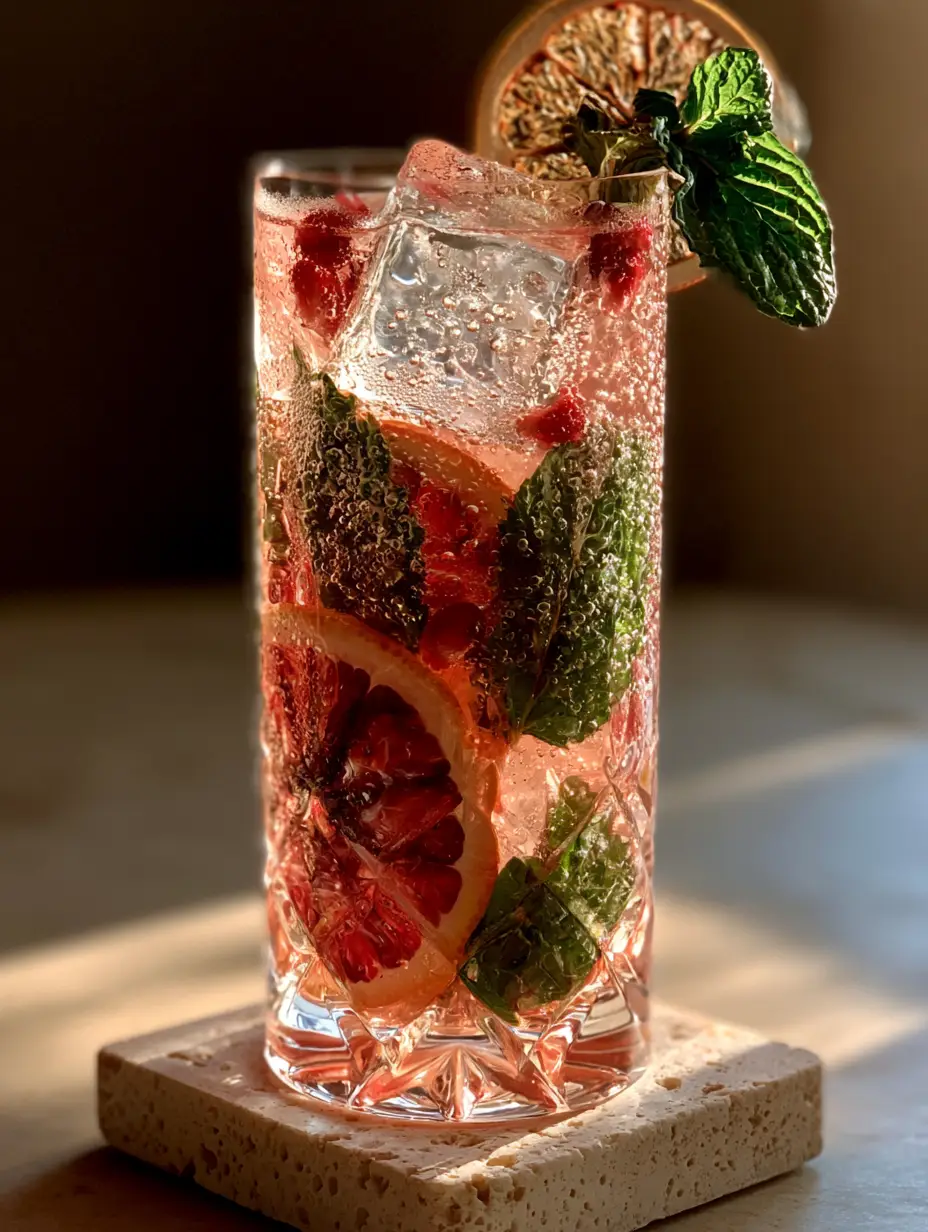 Summer Drink Recipes: The Ultimate Blood Orange & Pomegranate Spritzer 3 Close up of heavy condensation on a luxury crystal glass containing a pink summer drink. (summer drink recipes)
