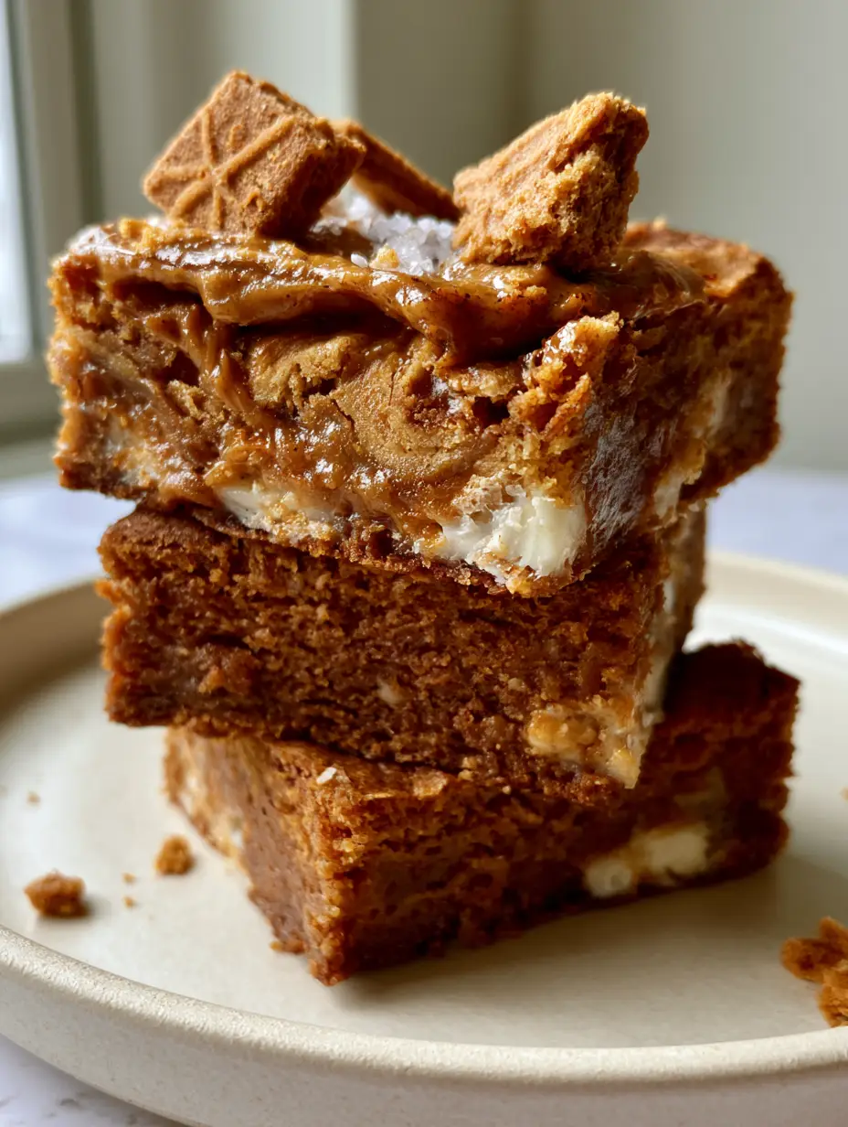 Biscoff Blondies: The Ultimate Fudgy Cookie Butter Bars 4 Macro close-up of Biscoff Blondies showing the dense buttery dough and molten white chocolate chunks.