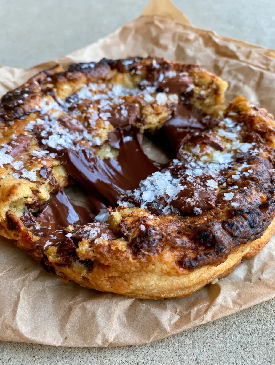 Close up handheld photo of a giant chocolate chip cookie being pulled apart with glossy dark chocolate stretching. (giant chocolate chip cookie)