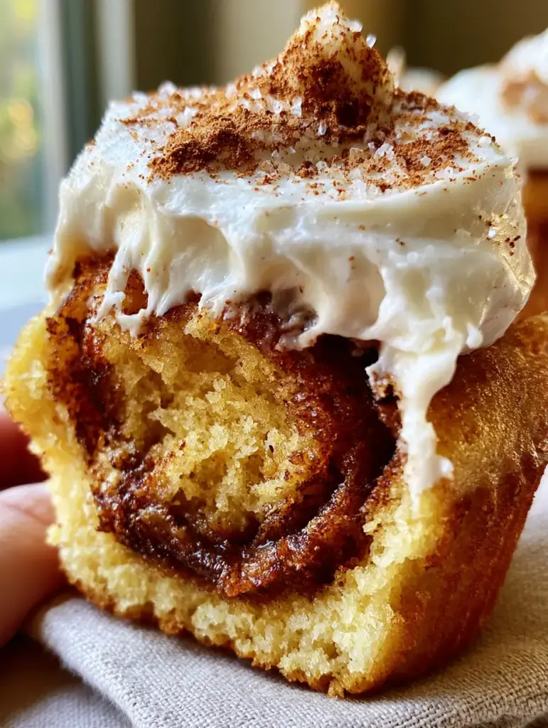 Cinnamon roll cupcake topped with thick white cream cheese frosting, melted icing drips, ground cinnamon dusting, and coarse sugar crystals.