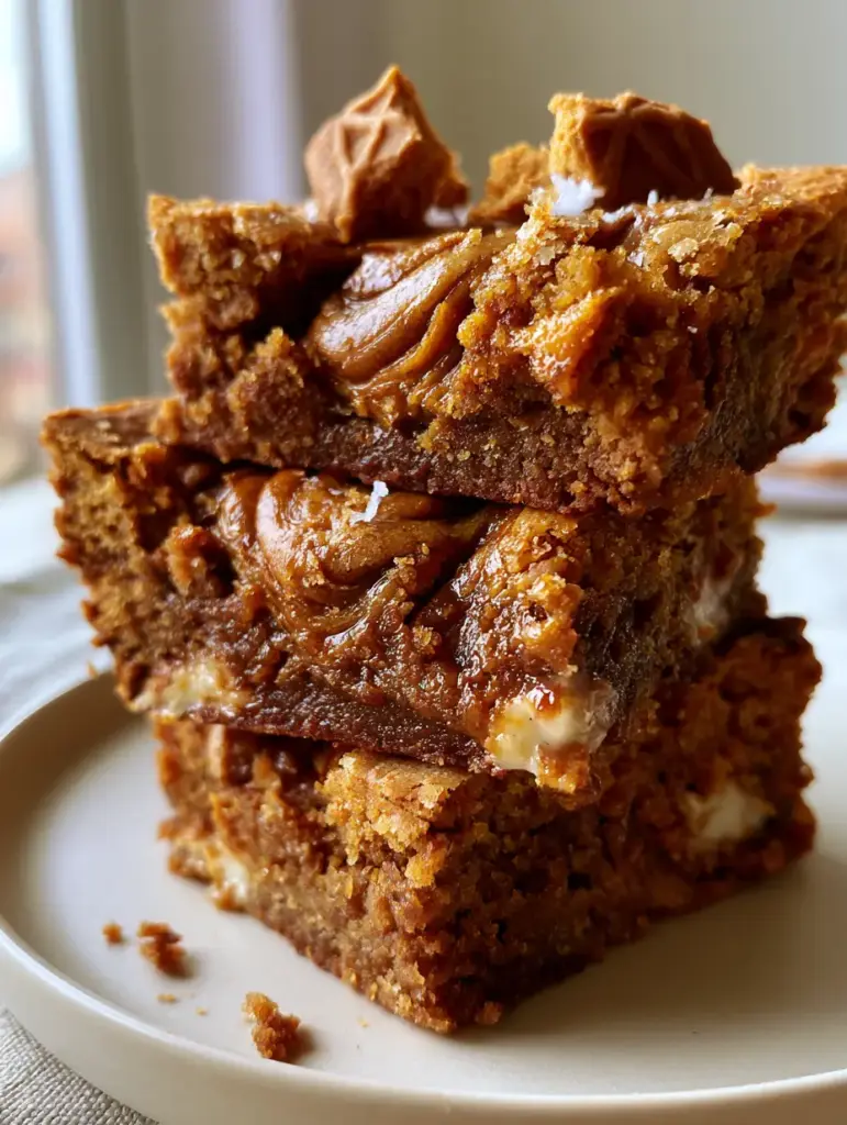 Biscoff Blondies: The Ultimate Fudgy Cookie Butter Bars 1 Eye-level view of stacked Biscoff Blondies with crushed speculoos cookies and a deep amber cookie butter marble.