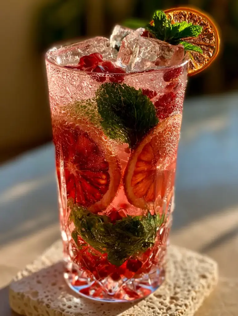 Summer Drink Recipes: The Ultimate Blood Orange & Pomegranate Spritzer 1 Overhead view of floating pomegranate seeds and mint leaves in a sparkling pink drink.