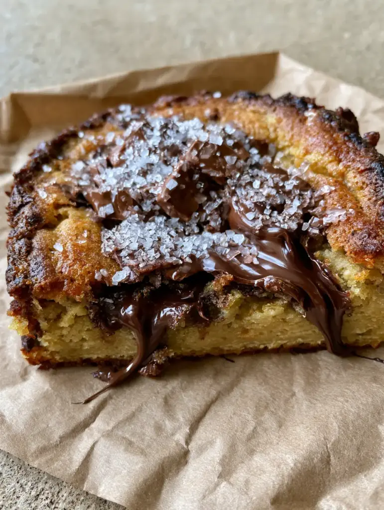 A top-down view of a giant chocolate chip cookie with golden brown caramelized edges and sparkling flakes of sea salt.