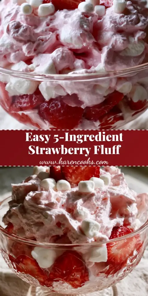 Pink Strawberry Fluff: The Ultimate Creamy Strawberry Marshmallow Salad 4 A tall, vertical shot of Pink Strawberry Fluff topped with fresh berries in a glass bowl on a linen cloth.