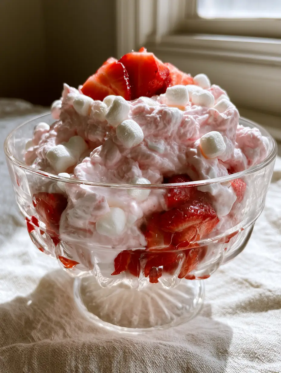 Pink Strawberry Fluff: The Ultimate Creamy Strawberry Marshmallow Salad 3 Close-up of pastel pink strawberry cream folded with white mini marshmallows and sliced red strawberries. (Pink Strawberry Fluff)