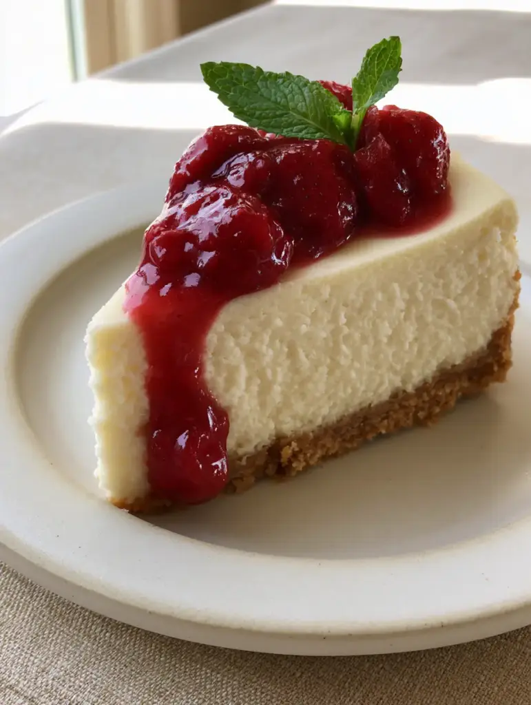Classic Cheesecake: The Definitive New York Style Guide to a Dense and Velvety Masterpiece 2 A dense and velvety slice of classic cheesecake on a rustic white plate with whole simmered strawberries.
