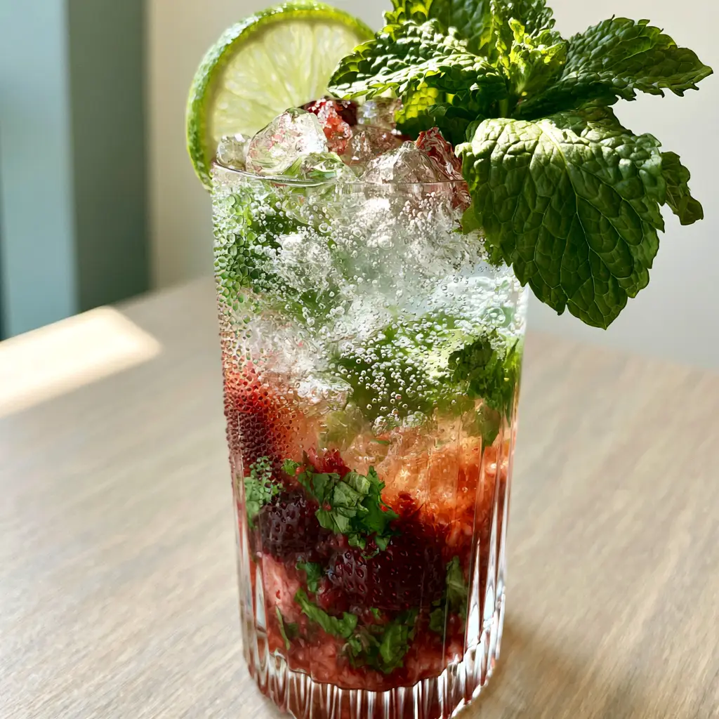 Strawberry mojito mocktail garnished with a lime wheel and oversized mint sprig.