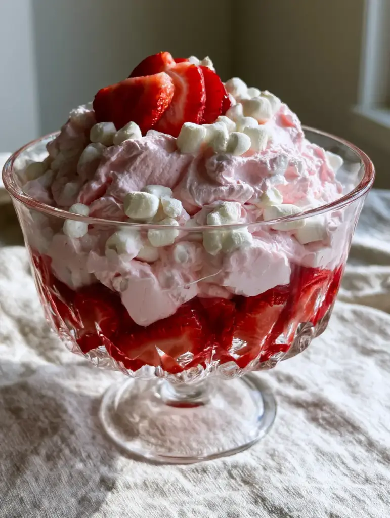 Pink Strawberry Fluff: The Ultimate Creamy Strawberry Marshmallow Salad 1 Layers of Pink Strawberry Fluff visible through a heavy-bottomed vintage glass bowl.