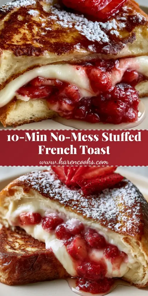 Strawberry Cheesecake Stuffed French Toast (Better Than A Diner!) 4 A stack of golden-brown Strawberry Cheesecake Stuffed French Toast with oozing red compote and a white cheesecake center on a ceramic plate.