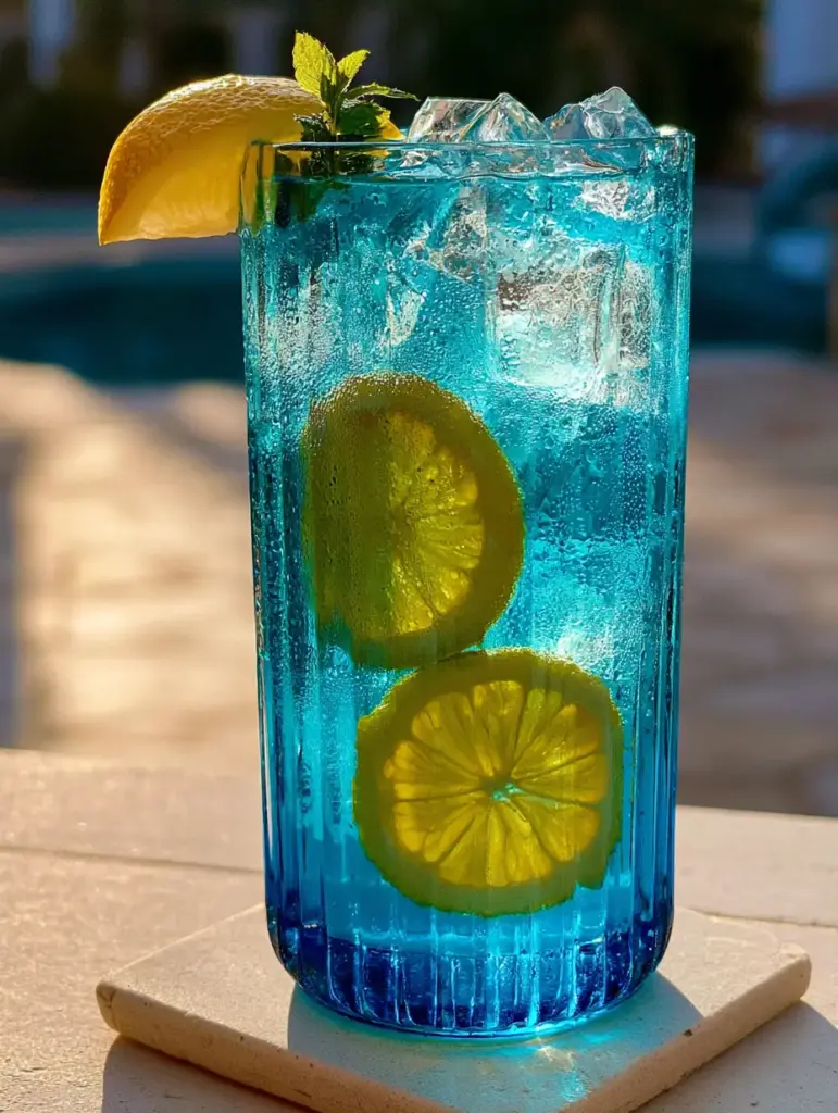 Smartphone photo of a glowing Blue Lemonade in a ribbed glass with vertical lemon wheels and artisan ice cubes.