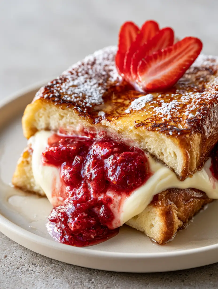 Strawberry Cheesecake Stuffed French Toast (Better Than A Diner!) 3 Close-up of Strawberry Cheesecake Stuffed French Toast sliced in half, showing the molten cheesecake filling and strawberry compote interior.