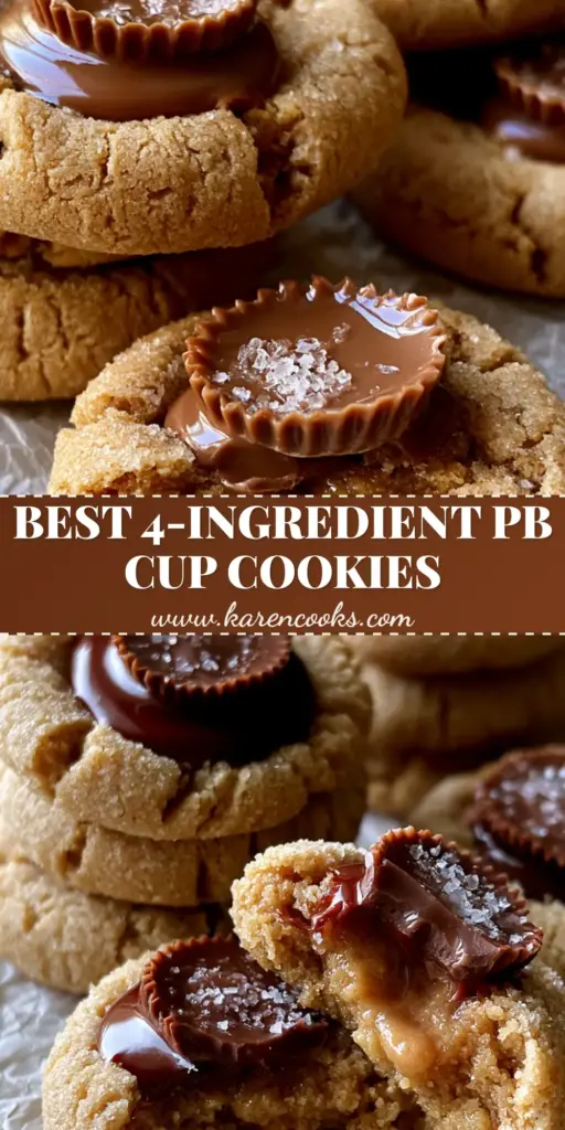 A viral-style Pinterest pin showing a stack of warm peanut butter cup cookies with molten centers and glistening chocolate on crinkled parchment.