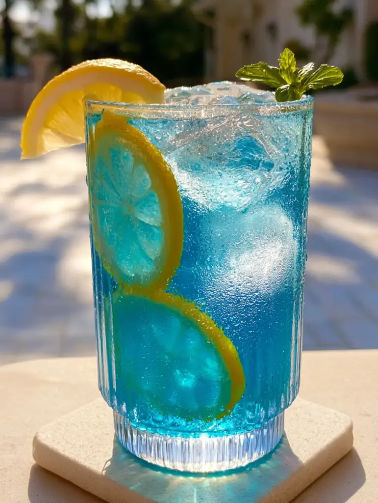 Blue Lemonade: The Ultimate Aesthetic Summer Refreshment 1 Close up of condensation droplets on a glass of Blue Lemonade with a fresh mint sprig and lemon slices.