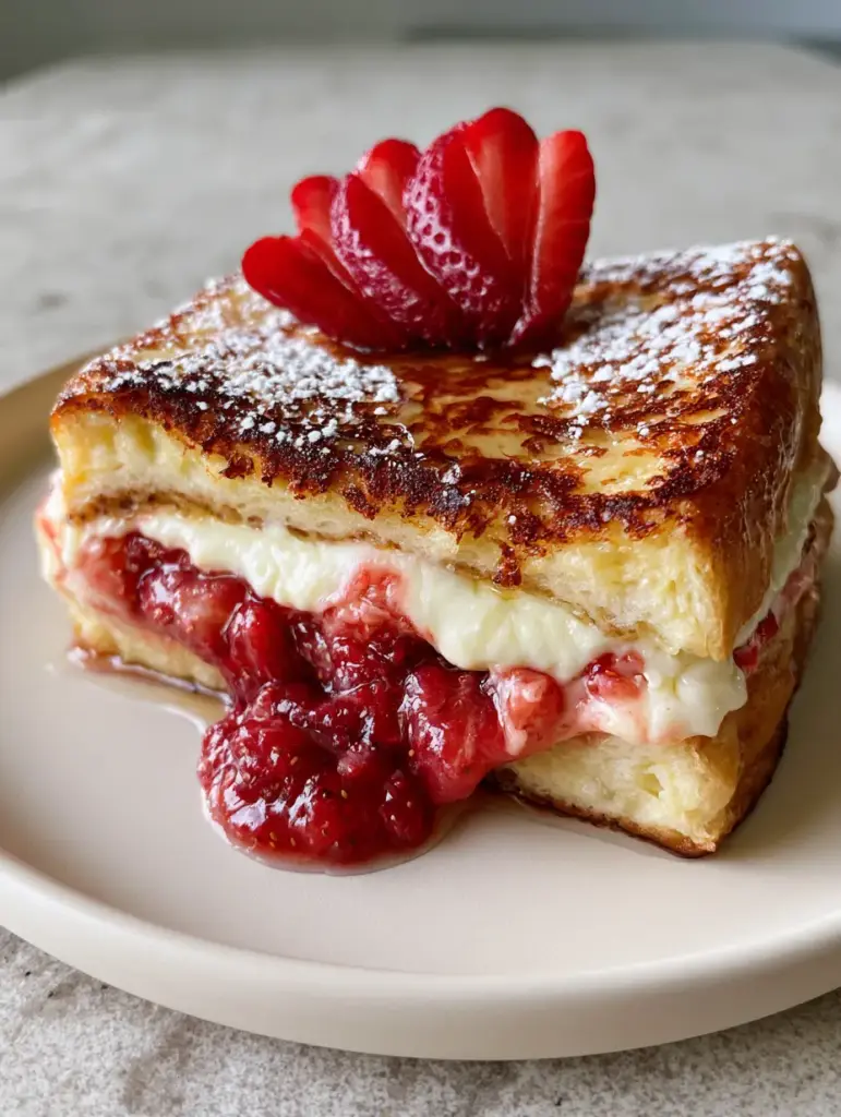 Strawberry Cheesecake Stuffed French Toast (Better Than A Diner!) 1 Pan-seared brioche French toast with a fresh strawberry fan garnish and powdered sugar dusting on a grey countertop.