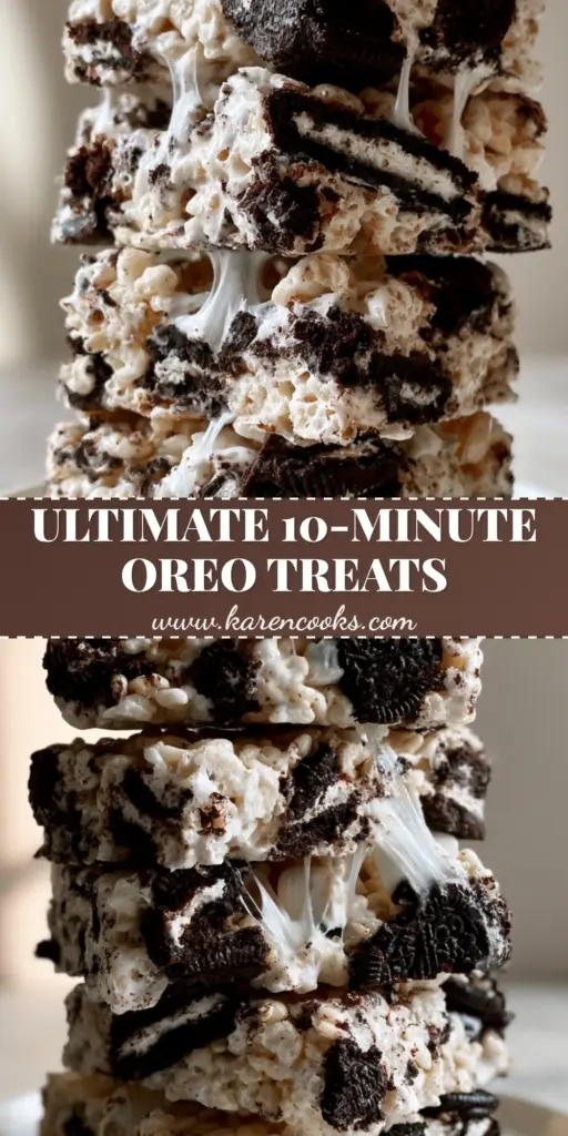 Oreo Krispies Recipe: The Ultimate Cookies and Cream Marshmallow Treats 4 A tall, vertical stack of thick Oreo Rice Krispie treats featuring toasted cereal and chunky crushed dark cocoa cookies with stretchy marshmallow webbing. (Oreo Krispies recipe)