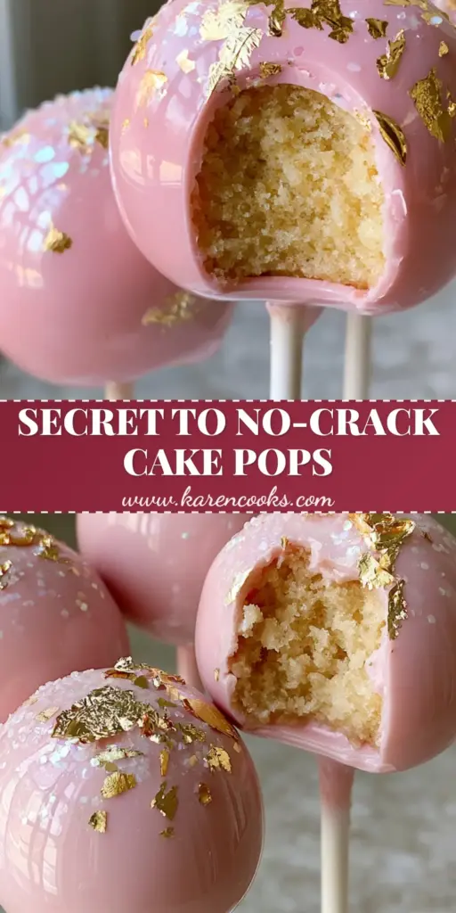 Birthday Cake Pops with Glossy Pink Coating and Gold Leaf 4 Three professional Birthday Cake Pops with glossy pink coating, edible gold leaf, and iridescent white sprinkles standing in a white block.