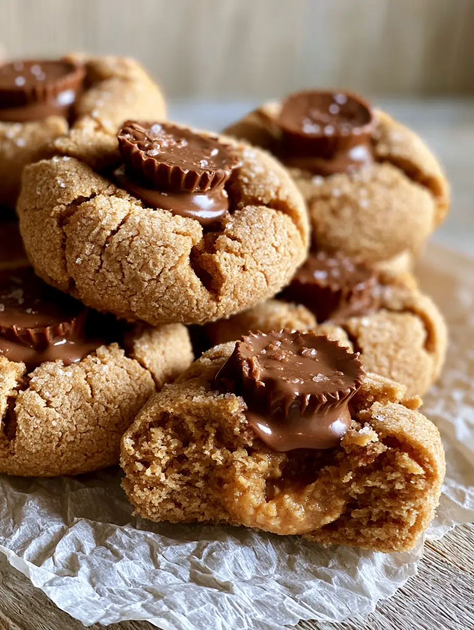 Close-up of a stack of golden-tan peanut butter cup cookies showing rustic cracked texture and salt crystals.