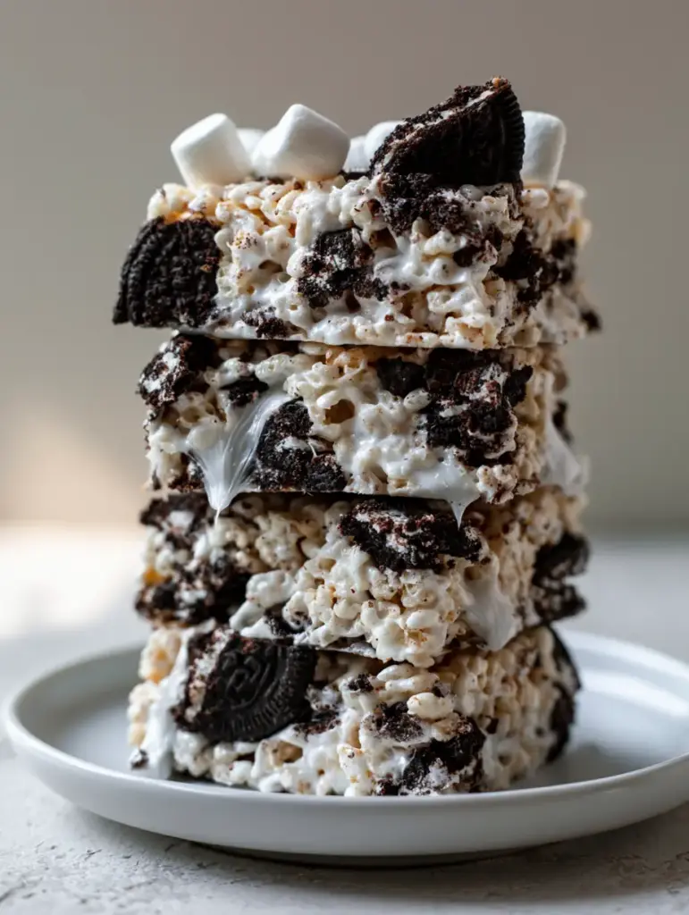 Oreo Krispies Recipe: The Ultimate Cookies and Cream Marshmallow Treats 2 Close up of Oreo Rice Krispie treats showing thick melted marshmallow pulls and dark cocoa cookie fragments. (Oreo Krispies recipe)
