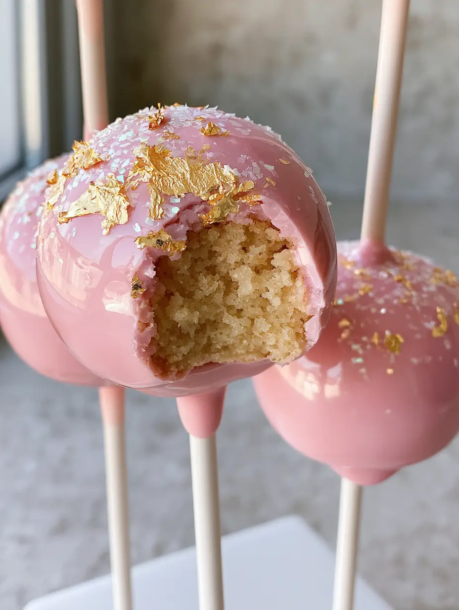 Birthday Cake Pops with Glossy Pink Coating and Gold Leaf 3 Eye-level shot of glossy pink Birthday Cake Pops showing the reflective sheen and clean matte white sticks.