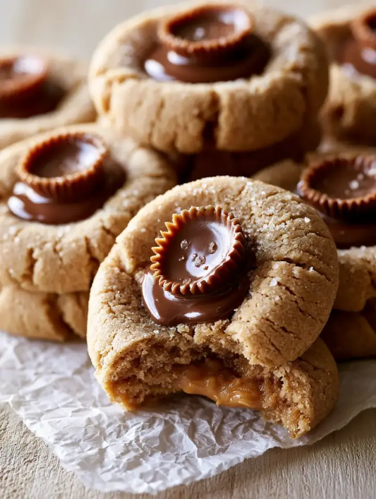 A broken open peanut butter cup cookie revealing a soft, chewy, dense interior and a molten chocolate peanut butter center.