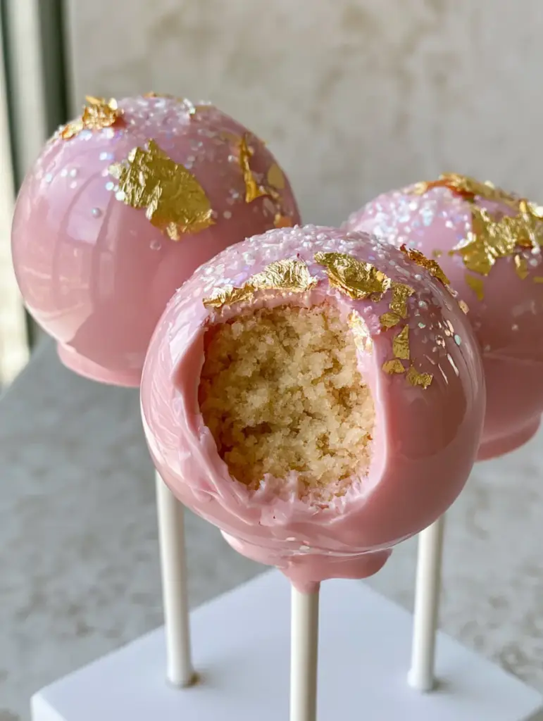 Birthday Cake Pops with Glossy Pink Coating and Gold Leaf 1 A Birthday Cake Pop with a bite taken out, revealing a moist and fudgy vanilla cake center.