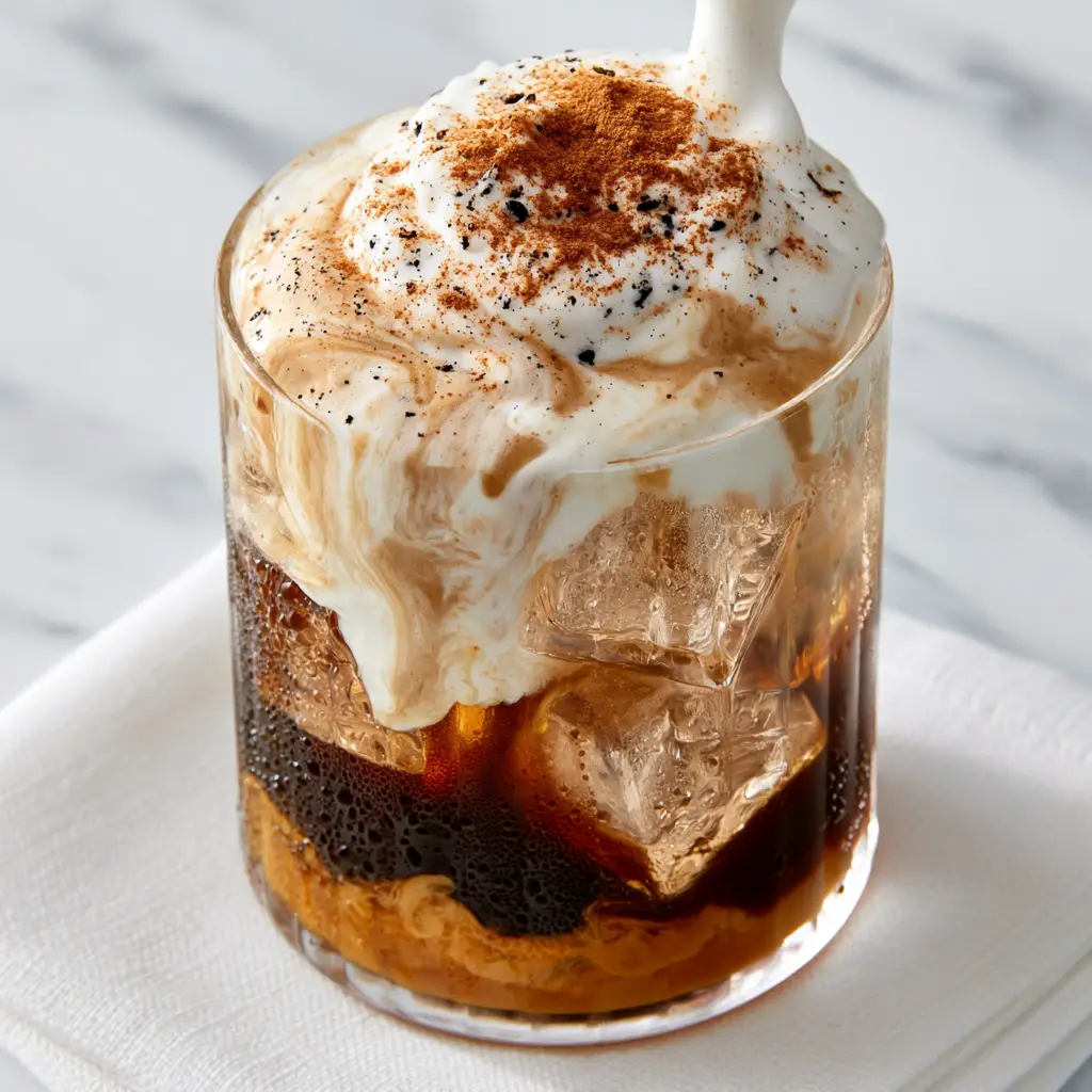 Close up of vanilla bean cold foam bleeding into dark espresso with cinnamon dusting. (starbucks)