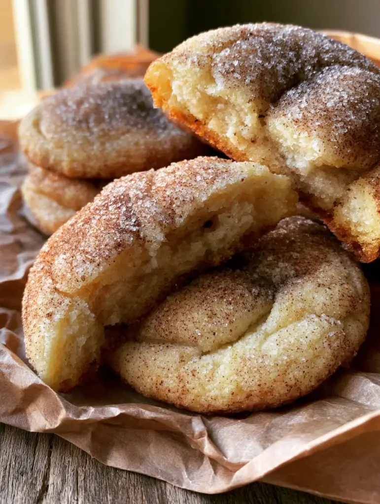 Brown Butter Snickerdoodle Cookies (The Ultimate Chewy Recipe) 1 A close up photo of a broken brown butter snickerdoodle cookie showing toasted brown butter solids and a moist interior.