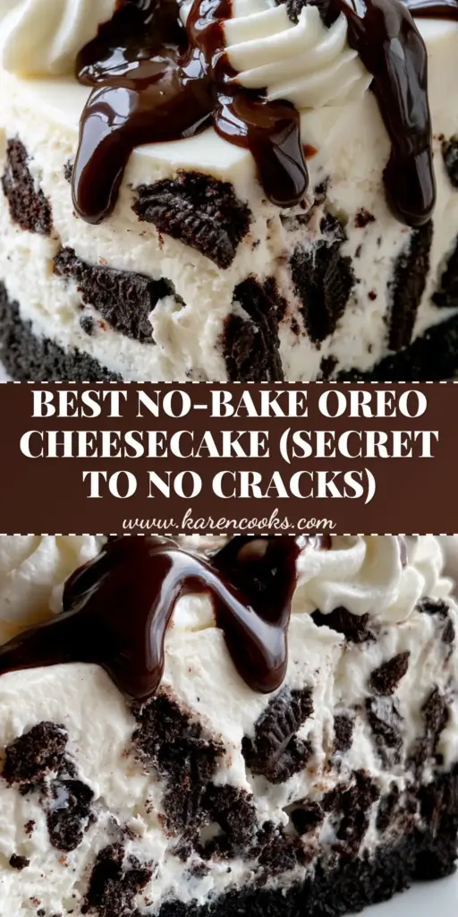 Oreo Cheesecake: The Ultimate Velvet Cream Cheese & Dark Chocolate Dream 4 A towering slice of Oreo Cheesecake with a dark chocolate ganache drizzle and whipped cream swirls on a white plate.