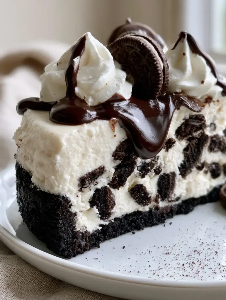 Oreo Cheesecake: The Ultimate Velvet Cream Cheese & Dark Chocolate Dream 1 Extreme close-up of the glossy dark chocolate ganache drizzle on an Oreo Cheesecake.