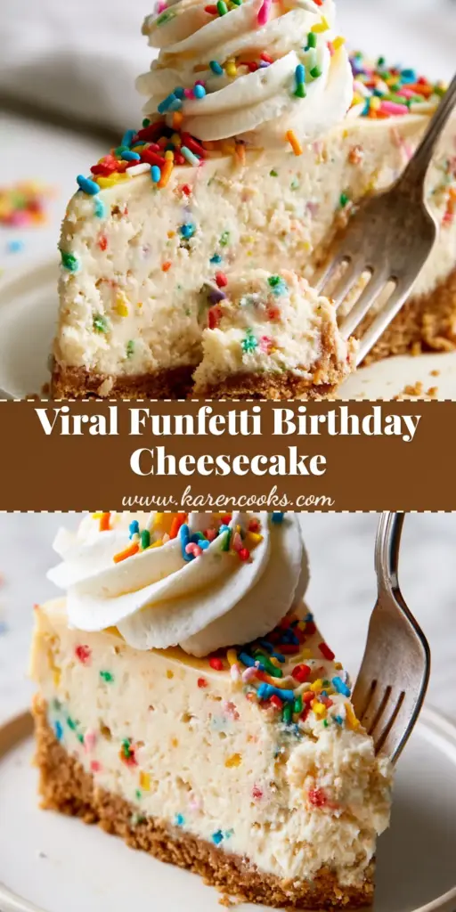 A decadent slice of Birthday Cheesecake with rainbow sprinkles and cake batter whipped cream on a plate with a silver fork.
