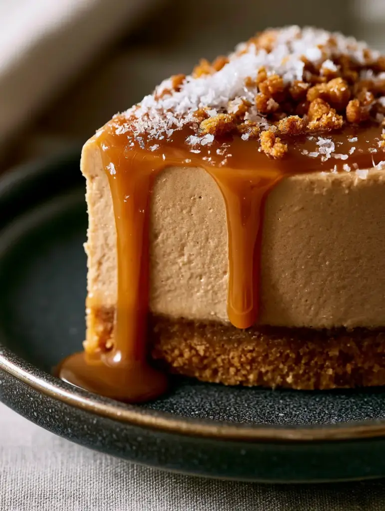Caramel Mousse Cake with Salted Caramel Drip and Biscuit Crust 1 Salted caramel dripping down the side of a caramel mousse cake on a dark plate.