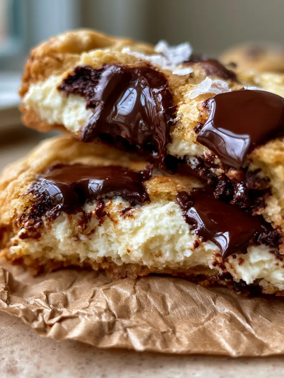Extreme close-up of a chocolate chip cheesecake cookie broken in half revealing a gooey white cream cheese center and melted dark chocolate pools.