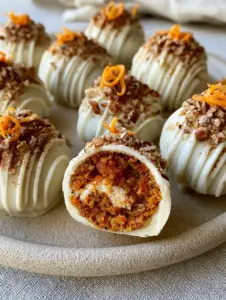 Macro photo of a halved Carrot Cake Truffle showing the moist deep-orange spiced cake core and white chocolate shell.