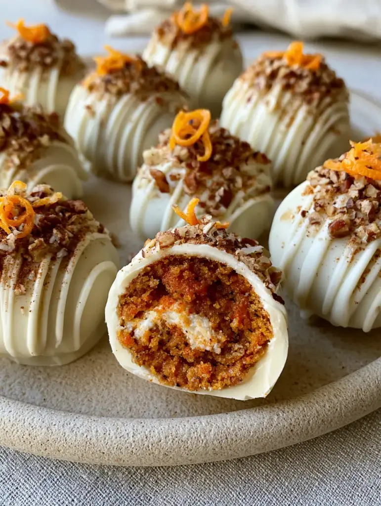 Carrot Cake Truffles with White Chocolate and Velvety Cream Cheese 2 Macro photo of a halved Carrot Cake Truffle showing the moist deep-orange spiced cake core and white chocolate shell.