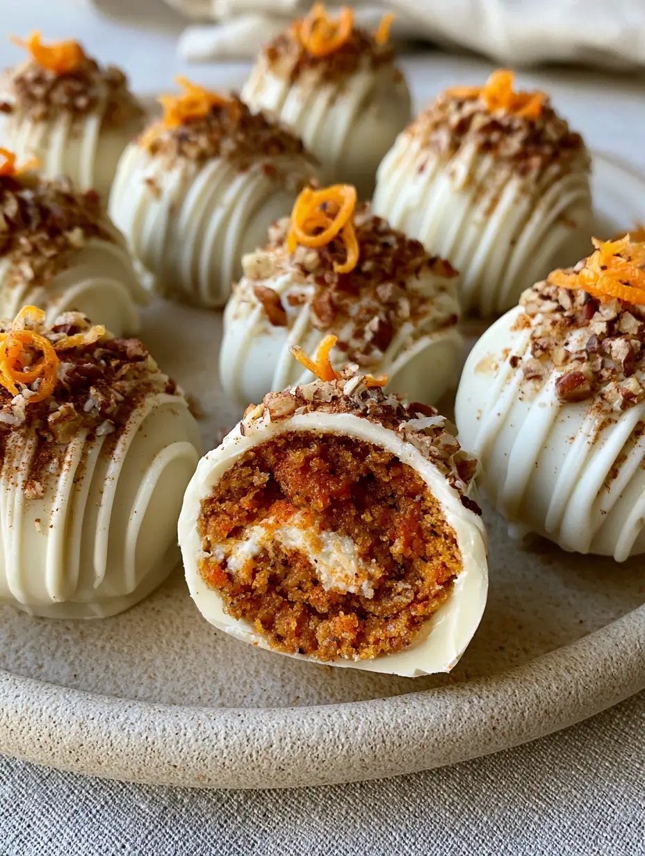 Carrot Cake Truffles with White Chocolate and Velvety Cream Cheese 4 Macro photo of a halved Carrot Cake Truffle showing the moist deep-orange spiced cake core and white chocolate shell.