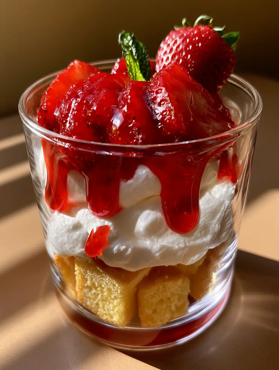 Close up of an individual strawberry shortcake in a glass with golden sponge cake and velvety whipped cream. (Easy Strawberry Shortcake Recipe)