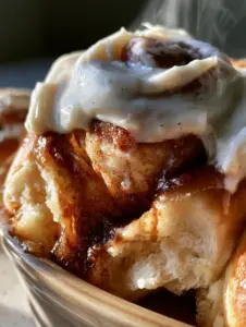 Extreme close-up of a warm homemade cinnamon roll being pulled apart, showing the soft interior webbing and dark cinnamon glaze.