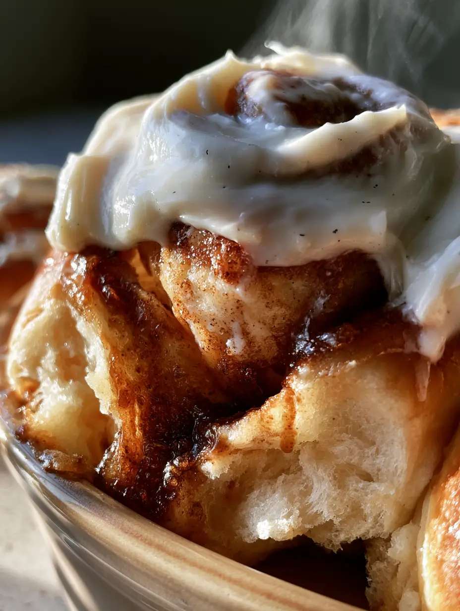 homemade cinnamon rolls with Vanilla Bean Cream Cheese Frosting 3 Extreme close-up of a warm homemade cinnamon roll being pulled apart, showing the soft interior webbing and dark cinnamon glaze.