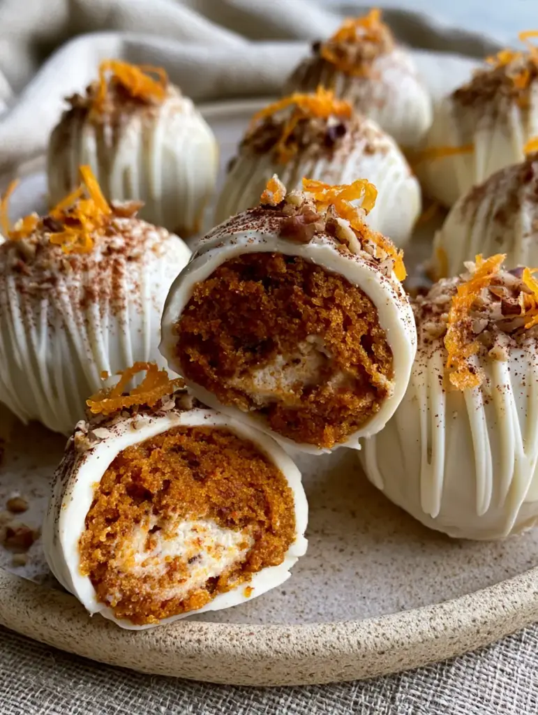 Carrot Cake Truffles with White Chocolate and Velvety Cream Cheese 1 A smartphone photo of premium Carrot Cake Truffles garnished with ground cinnamon and carrot zest curls on a neutral linen surface.