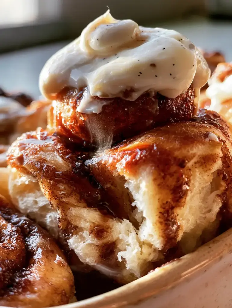 homemade cinnamon rolls with Vanilla Bean Cream Cheese Frosting 1 Glistening dark amber cinnamon-sugar glaze dripping between layers of golden-brown brioche dough.