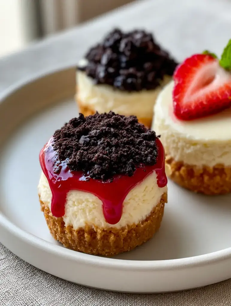 Cheesecake Cupcakes: The Ultimate Creamy Mini Dessert 1 Cheesecake cupcake topped with glossy ruby-red strawberry glaze dripping down the side.