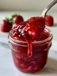 A macro shot of a vintage spoon lifting thick jammy homemade strawberry sauce from a glass jar.