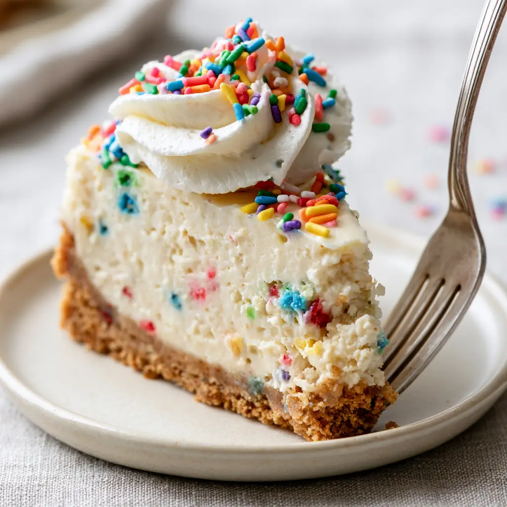 A silver fork pressing into a slice of Birthday Cheesecake topped with white whipped cream and sprinkles.