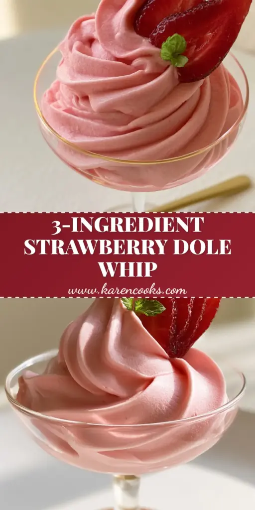 A tall, perfect architectural swirl of thick Strawberry Dole Whip served in a minimalist glass coupe with a gold spoon.