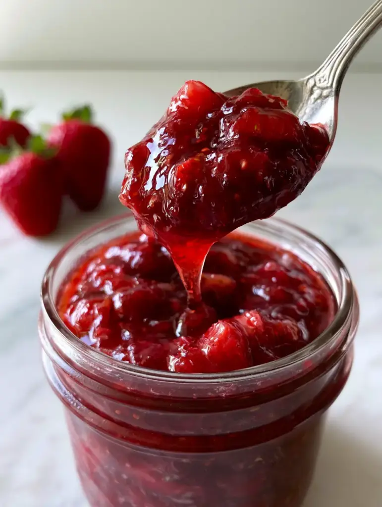 Homemade Strawberry Sauce Recipe (Easy & Glossy) 1 Whole strawberries with green stems sitting on a marble surface next to a jar of homemade strawberry sauce.