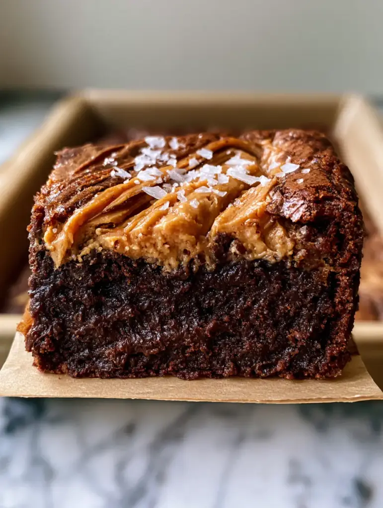 A smartphone photo of a single thick peanut butter brownie square with a gooey center and large flaky sea salt crystals on a marble surface.