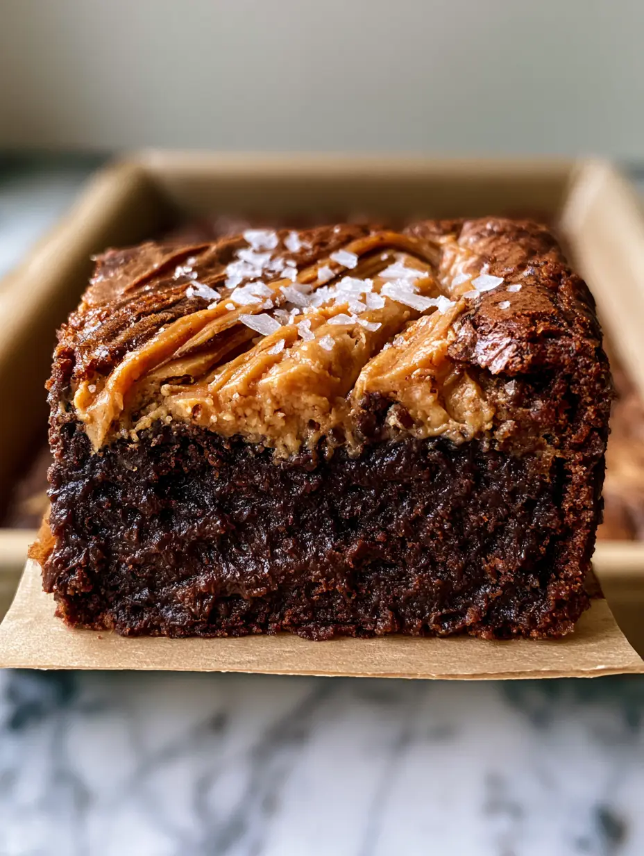 A smartphone photo of a single thick peanut butter brownie square with a gooey center and large flaky sea salt crystals on a marble surface.