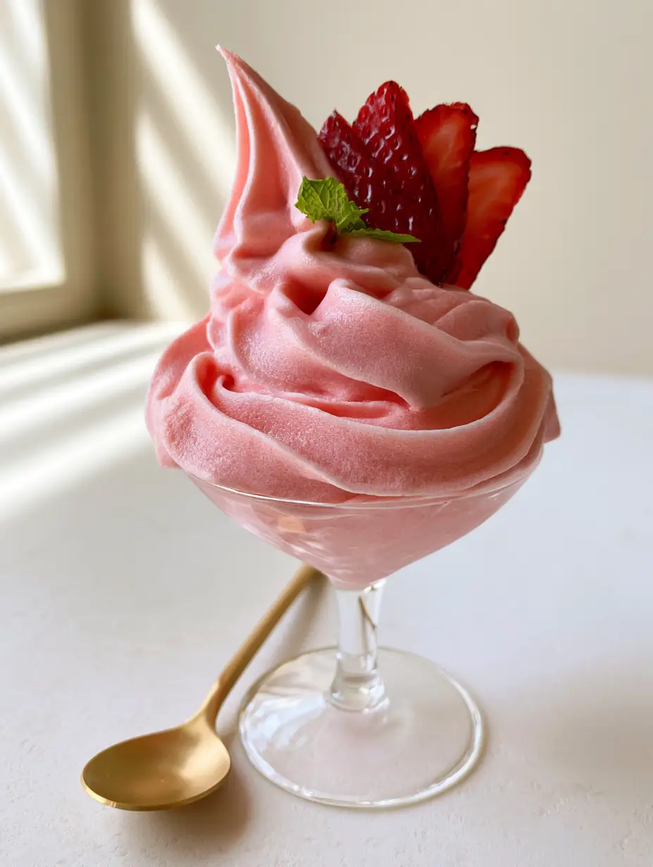 Close up of velvety pastel pink Strawberry Dole Whip showing sharp ridges from a piping tip.