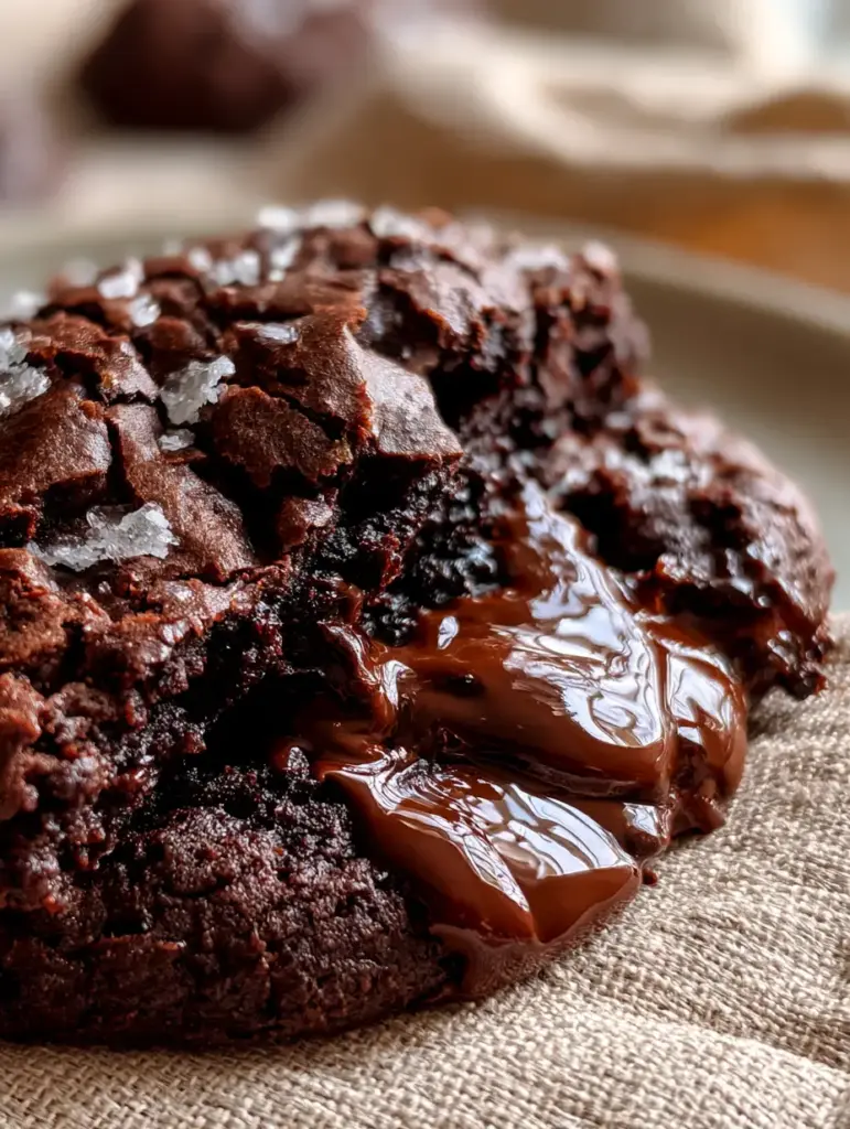 Macro close-up of a thick triple chocolate cookie being pulled apart to reveal a soft fudgy interior.