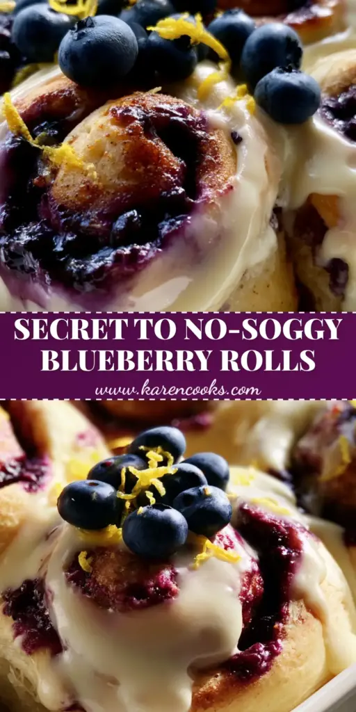 Blueberry Cinnamon Rolls with Thick Lemon Cream Cheese Glaze 3 A close-up batch of soft blueberry cinnamon rolls in a white baking dish with thick lemon cream cheese glaze and fresh blueberries.
